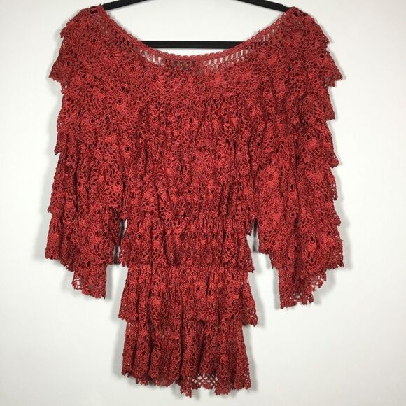 Unique ra-ra top red crocheted 3/4 sleeves layered top beach resort vaca S/M - Picture 4 of 7